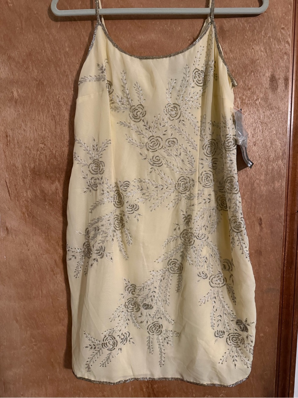 Beaded Pale Yellow Slip Dress with Silver Embroidery